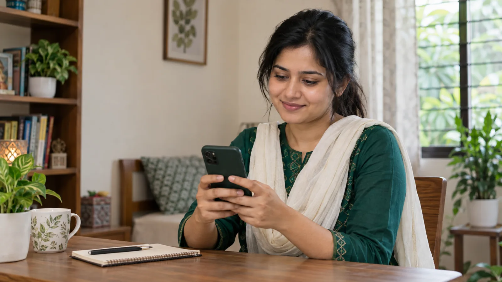 ঘরে বসে স্মার্টফোন ব্যবহার করছেন একজন বাংলাদেশি নারী